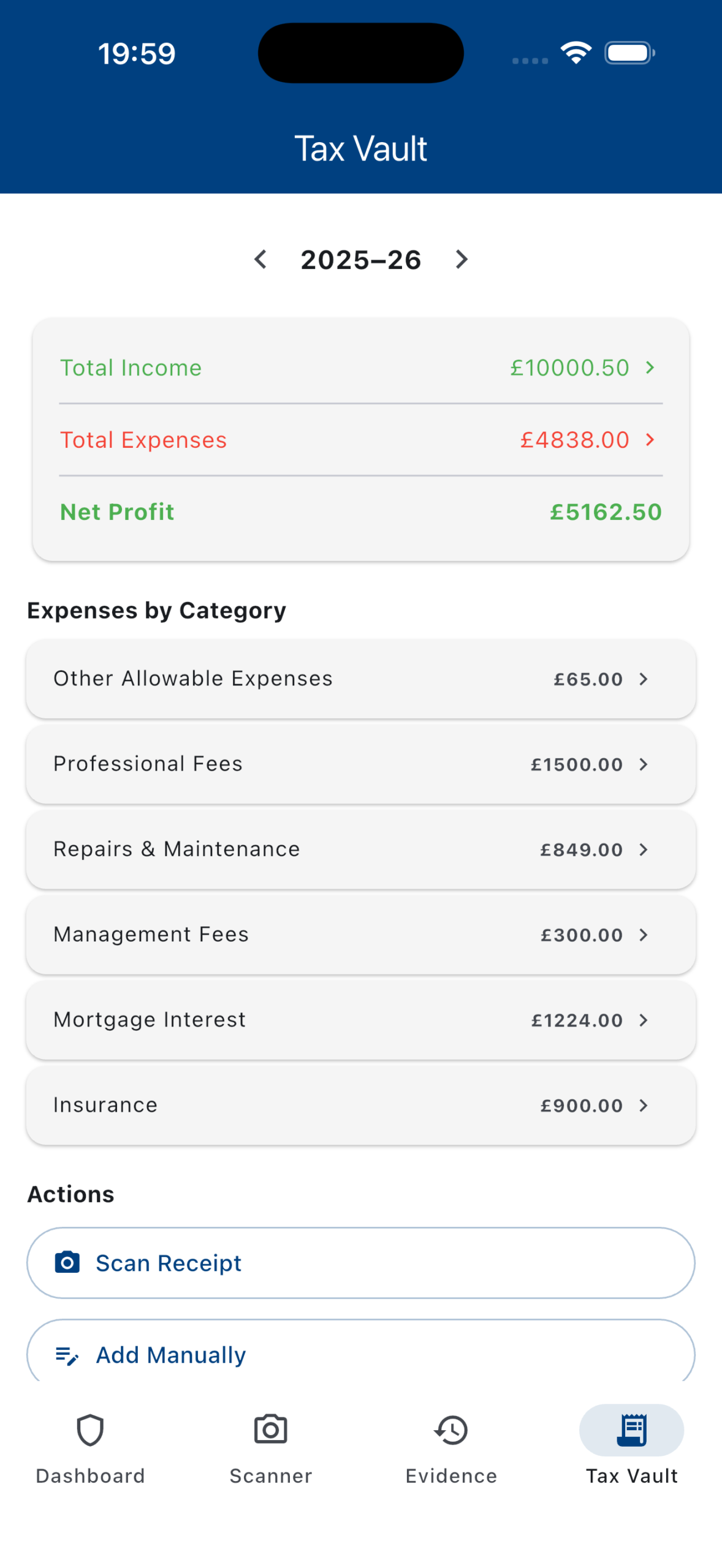 Tax Vault screen